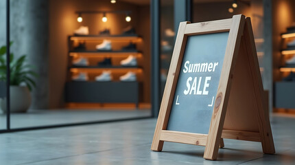 Wooden A frame signboard on polished concrete floor announcing Summer SALE framed by white brackets in modern store interior