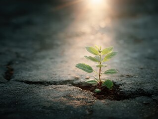 Young green plant growing through cracked asphalt under sunlight – powerful symbol of resilience, new life, hope, and personal growth, overcoming adversity and urban transformation
