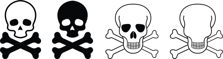Human skull and crossbones. Death, danger or poison symbol. Flat style concept vector illustration icon set for sign, apps, and websites medical illustration, silhouette isolated on white background.