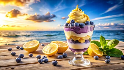Guilt free blueberry lemon parfait with sugar free ice cream and protein whip, light beach treat, light fitness friendly dessert for active lifestyles