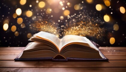 open book on a wooden table with glowing particles symbolizing knowledge education and storytelling for marketing campaigns generative ai