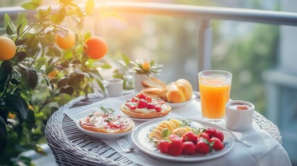 A bright breakfast setup on a balcony table with fresh fruit tarts, strawberries, orange juice, and croissants near an orange tree in sunlight.