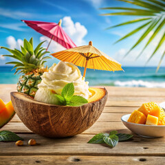 Exotic tropical ice cream in coconut shell with fresh pineapple and mango, beachfront dessert fantasy, beachfront vacation vibes perfect for island resorts and summer campaigns
