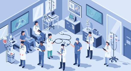 Medical staff caring for patients fills this contemporary isometric clinic scene, suitable for healthcare promotions or medical facility designs.