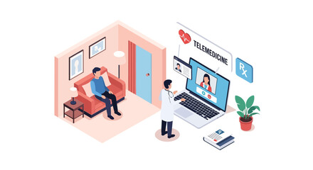 Online medical consultation graphic showing a doctor providing telehealth services via laptop to a patient in their home, suitable for health design.