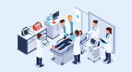 Medical team attending to a patient in a hospital emergency room.