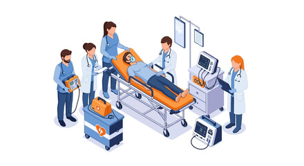 Medical team attending to a patient on a hospital bed with various medical equipment.