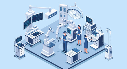 Modern surgical team utilizing robotic assistance and advanced medical technology in a high-tech operating room.