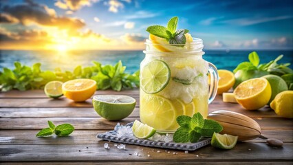 Chilled lemon lime sorbet in glass jar with citrus garnish and mint, beachfront refreshment, beachfront cooling treat perfect for seaside cafes and summer menus