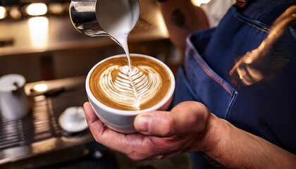 a barista carefully crafts latte art in a coffee cup the foam forming a delicate pattern