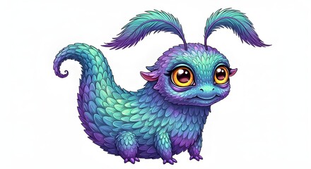 Obraz premium Adorable, fluffy fantasy creature with big eyes and teal-purple feathers, a charming and whimsical character illustration.
