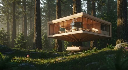 Naklejka premium Geometric Glass Treehouse Restaurant in Ancient Forest with Natural Light