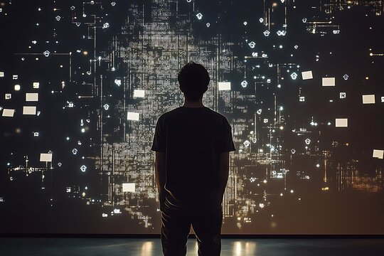 Person silhouetted against a glowing digital network of data and connections - Powered by Adobe