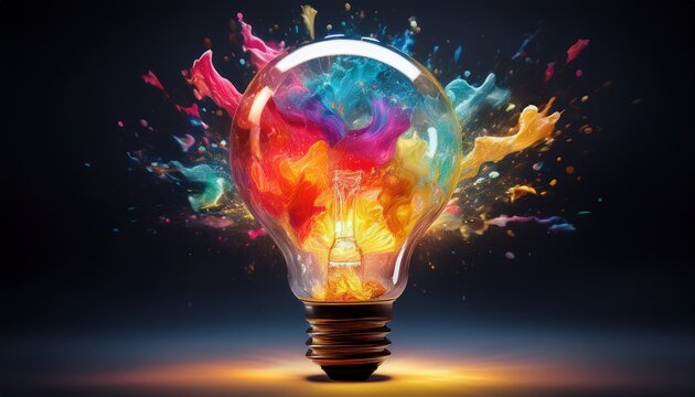 floating light bulb with colorful abstract explosion inside symbolizing creativity and innovation