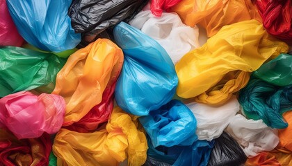 colorful disposable plastic bags background crinkled and jumbled structure plastic waste pollution