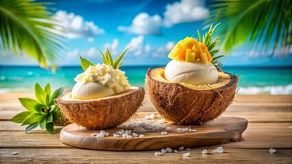 Dairy free coconut ice cream in eco coconut shell with fresh fruit, sustainable tropical treat, sustainable plant based dessert for conscious consumers