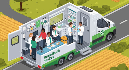 Mobile healthcare clinic offering community health services with medical professionals in a van designed for accessible rural and urban populations.
