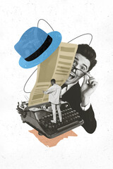 Template sketch image composite artwork collage of young man stand typewriter machine press...