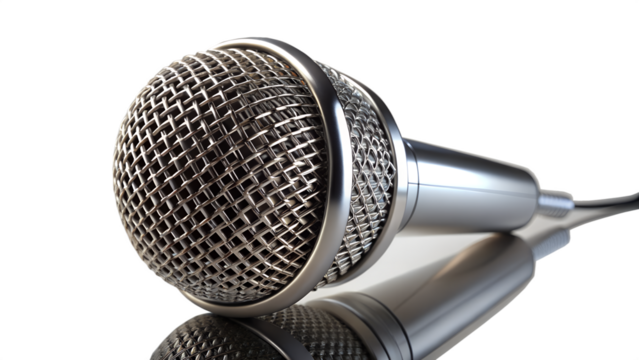 Silver microphone with reflection on transparent background for design projects
