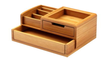 Bamboo desktop organizer with drawers background isolated on a Transparent background, PNG file.