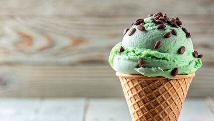 Creamy mint chocolate chip ice cream in crispy waffle cone with rich fudge drizzle, classic flavor reinvented, classic dessert perfection for ice cream parlors and summer campaigns