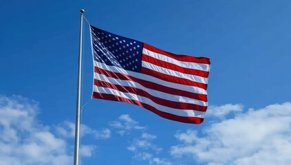 Naklejka premium The American flag waves against a clear blue sky with scattered clouds on a sunny day.
