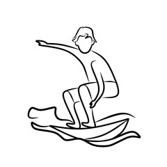 A young man surfing on ocean waves minimalist black outline illustration for water sport decoration
