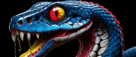 A wild digital painting of a chrome-coated snake&rsquo;s head with a vivid blue forked tongue, fangs dripping yellow liquid, and spiraling ruby eyes. 