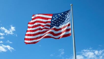 The American flag waves proudly on a pole against a clear blue sky with a few scattered white clouds.
