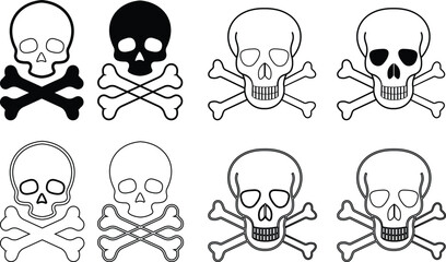 Human skull and crossbones. Death, danger or poison symbol. Flat style concept vector illustration icon set for sign, apps, and websites medical illustration, silhouette isolated on white background.