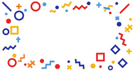 Bright, playful geometric border with abstract shapes in red, blue, yellow, and orange, perfect for celebrations or digital designs