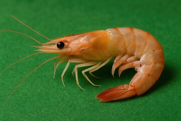 A lone prawn rests on a textured green surface, its vibrant orange hue contrasting with the subtle patterns of its surroundings