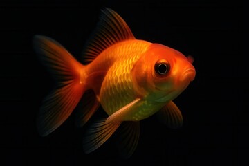 A lone goldfish swims against a black backdrop, its vibrant scales glowing with life