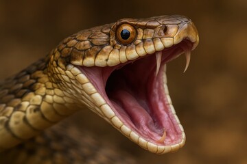 Fototapeta premium The fierce gaze of a coiled snake with its mouth agape, embodying the raw power of nature
