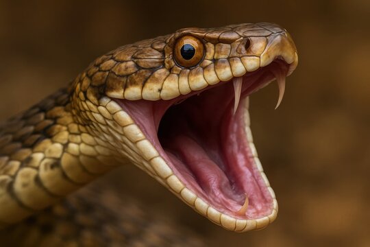The fierce gaze of a coiled snake with its mouth agape, embodying the raw power of nature