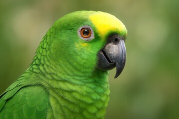 Fototapeta premium A vibrant green parrot with striking yellow markings gazes serenely into the distance