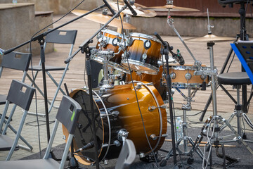 The drums are waiting for the concert to begin. Brass band before the performance