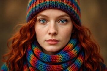 A young woman with vibrant red hair and striking blue eyes gazes directly into the camera, her colorful beanie adding a splash of warmth to the serene setting