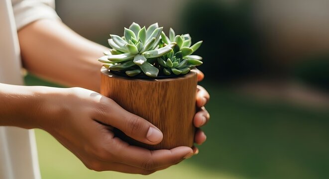 Close-up of hands holding a wooden planter with a succulent plant.
