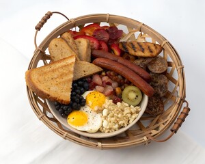 Rustic basket with loaded breakfast plate toast and assorted foods on white background for editorial food stock
