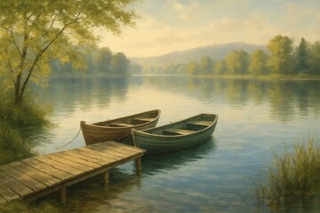 Obraz premium A Serene Lake Scene with Two Boats Moored on a Wooden Pier