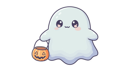 Obraz premium A cute cartoon ghost with big eyes and pink cheeks holding a jack o lantern bucket for trick or treating