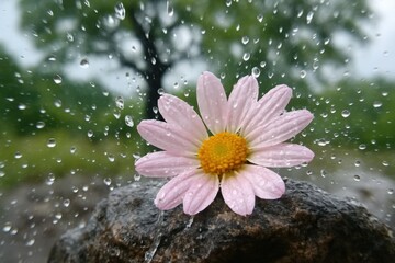 A Pink Daisy Blossoms Under a Rain-Kissed Canopy