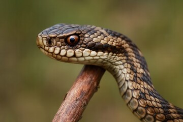 Fototapeta premium A snake's gaze meets the camera in a close-up shot against a blurred green backdrop