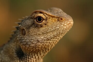 Fototapeta premium A close-up of a reptilian creature with a rugged texture, its eye gazing intently into the distance