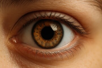 A close-up of a person's eye, showcasing the intricate patterns within the iris and the delicate curls of the eyelashes