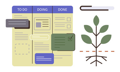 Task board with To Do, Doing, and Done columns alongside a growing plant symbolizing progress. Ideal for productivity, organization, planning, goal setting, growth, teamwork simple flat metaphor © robu_s