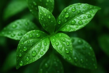 A Macro Perspective on Lush Green Leaves Glistening with Water Droplets