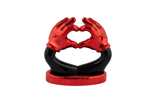 Shiny red hands forming a heart shape on a black base isolated on transparent background