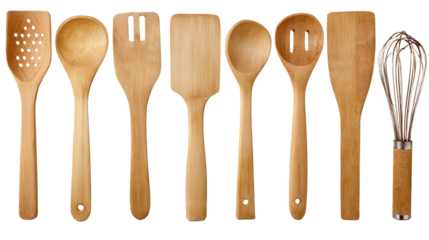 Bamboo kitchen utensil set background isolated on a Transparent background, PNG file.